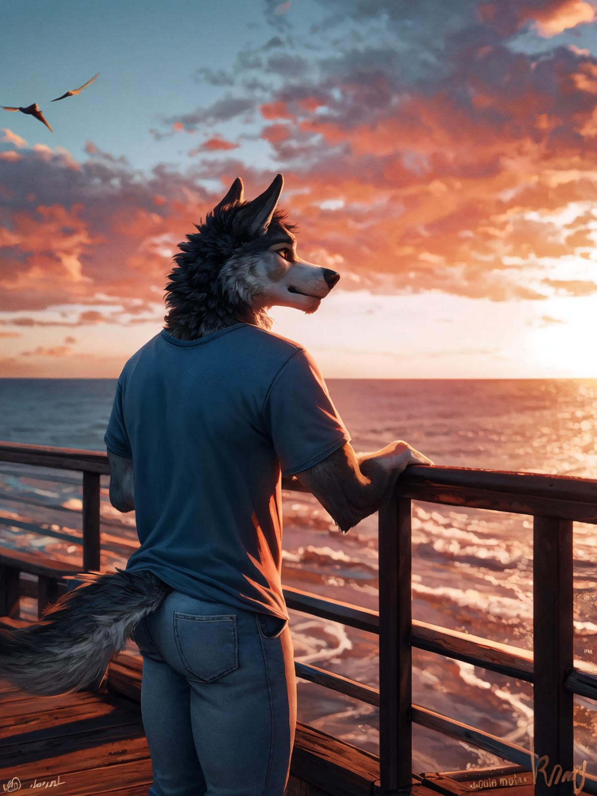 A Long Shot,Profile Shot, A dashing male wolf furry in a casual t-shirt and jeans leans against the railing of a boardwalk...